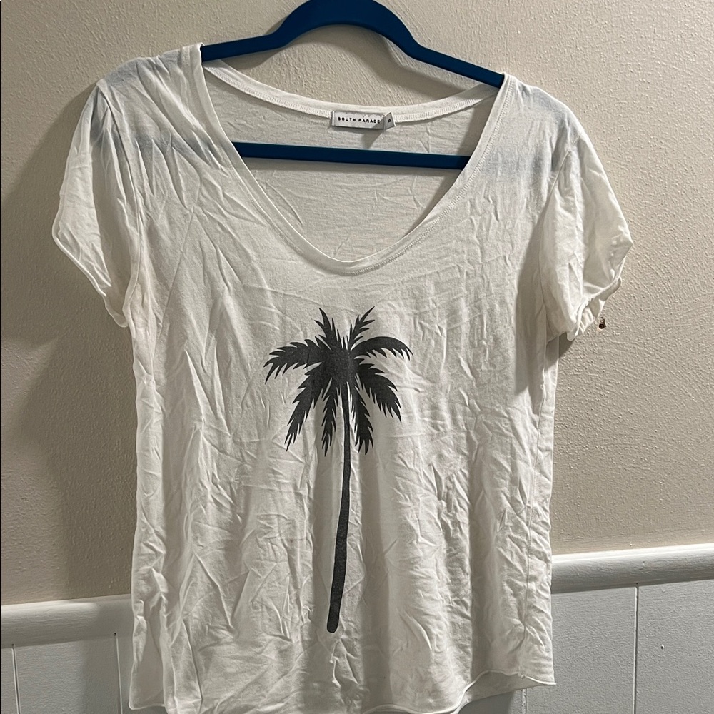 White Short Sleeve Tee with Black Palm Print